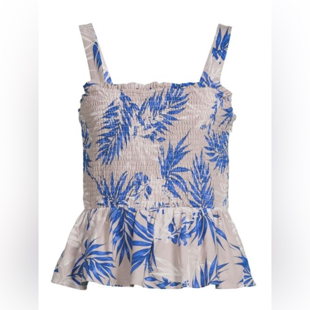 NWT BCBGMAXAZRIA Palm Print Shirred Peplum Tank Top in Grey/Tan + Blue - Size XS